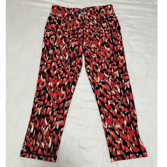 DKNY Womens Printed High-Waist Crop Leggings Hot Coral Medium M Runner Pockets - Picture 2 of 7